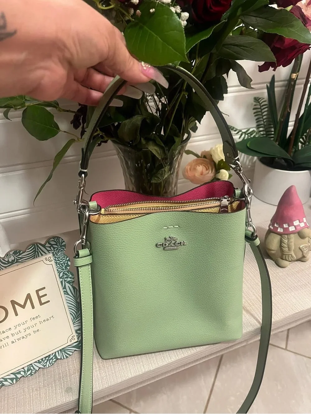 Coach Pebbled Leather Crossbody in Light Green with Pink Trim